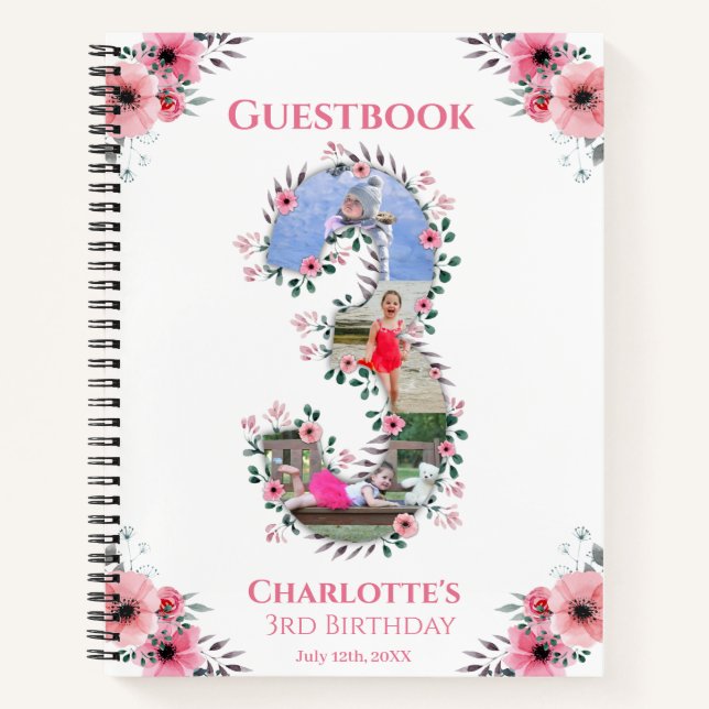 Carnet Grand 3ème anniversaire fille photo rose Flower li (Devant)