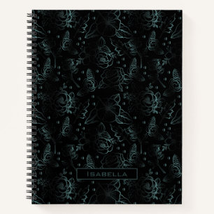 Carnet Grand motif floral fleur gris nom personnalisé