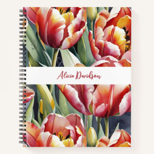Carnet Grands Tulipes Rouge Jaune Aquarelle votre nom