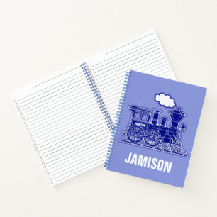 Carnet Graphique de train à vapeur en bleu avec nom perso