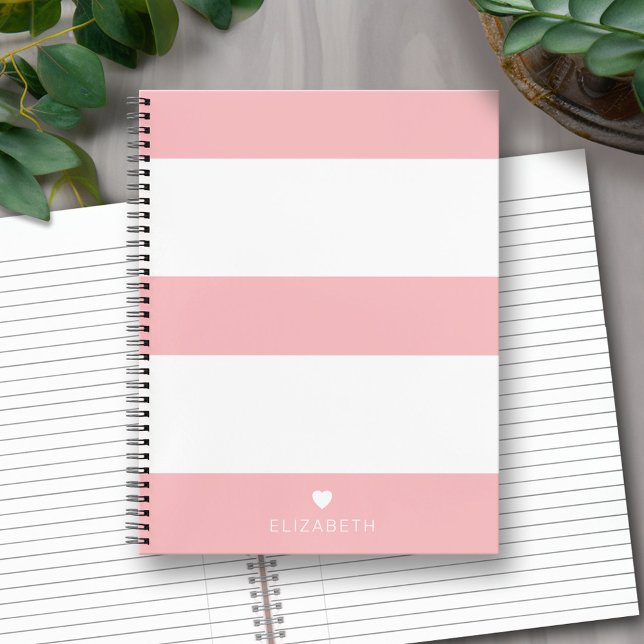 Carnet Gras moderne rose pâle Motif rayé avec coeur (Personalized Notebook with Custom Text)
