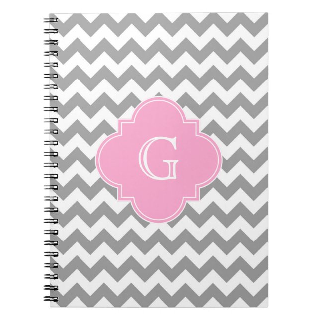Carnet Gray Wht Chevron Pink Quatrefoil monogram (Devant)
