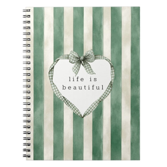 Carnet Green Cream Stripes Heart Bow (Devant)