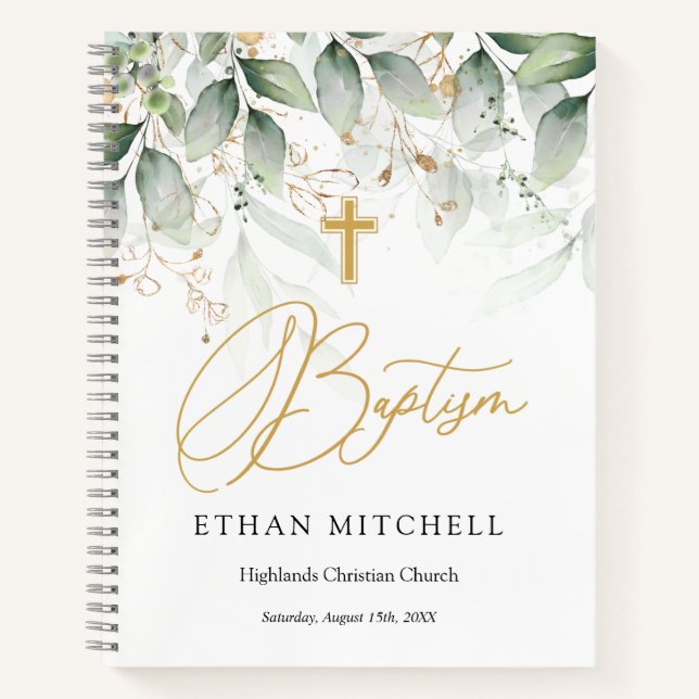 Carnet Green Gold Foliage Croix Baptême bébé (Devant)