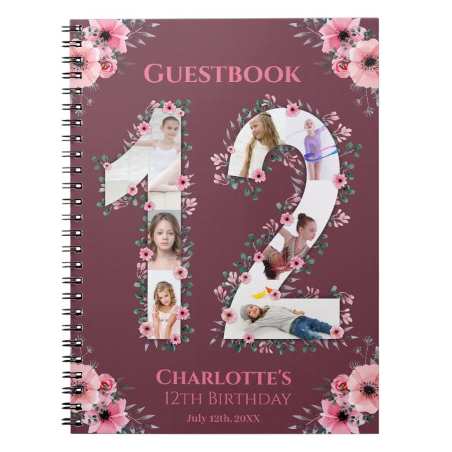 Carnet Gros 12e anniversaire fille photo Collage Fleur ro (Devant)