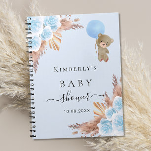 Carnet Guest book Baby Shower blue teddy pampas grass