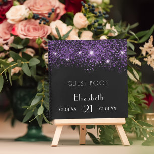 Carnet Guest book birthday black purple glitter monogram