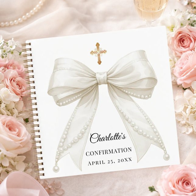 Carnet Guest book Confirmation bow ivory white pearls (Créateur téléchargé)
