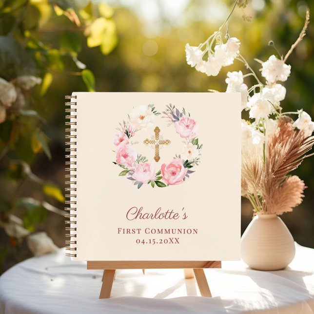 Carnet Guest book First Communion ivory blush pink floral (Créateur téléchargé)
