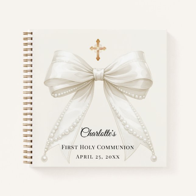 Carnet Guest book First Communion ivory bow pearls (Devant)