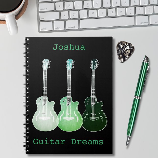Carnet Guitar Art ajouter Nom Vert Noir Composition de ch (guitar illustrations on black green pop art personalized notebook guitarist musician songwriting )