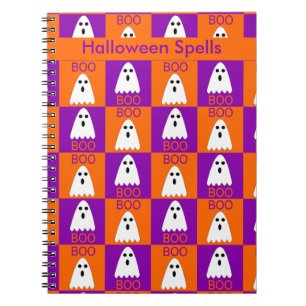 Carnet Halloween Boo Ghost Purple et Carrés orange