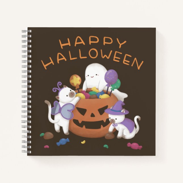 Carnet Halloween heureux : Chats et fantômes (Devant)