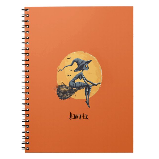 Carnet Halloween Witch Fliyng a Broomstick Orange (Devant)