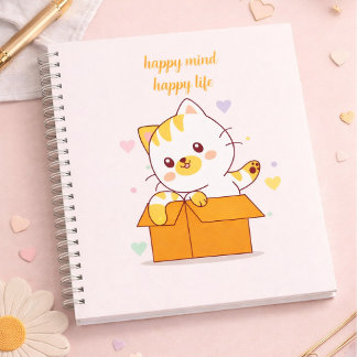 Carnet Happy Mind Happy Life Cute Cat Illustration