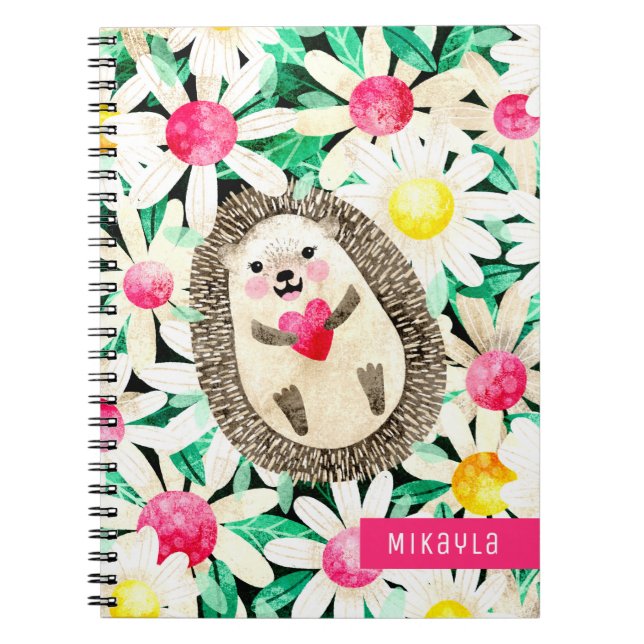 Carnet Hérisson mignon en Fleurs rose Jaune Personnalisé (Devant)