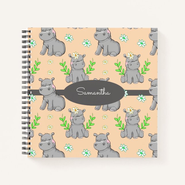 Carnet Hippopotames mignons et fleurs Nom personnalisé du (Devant)