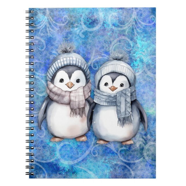 Carnet Hiver Bleu Aquarelle Pingouins Écarts Casquette (Devant)