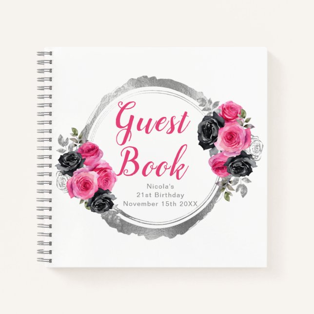 Carnet Hot Pink and Silver Elegant Flowers Birthday Party (Devant)