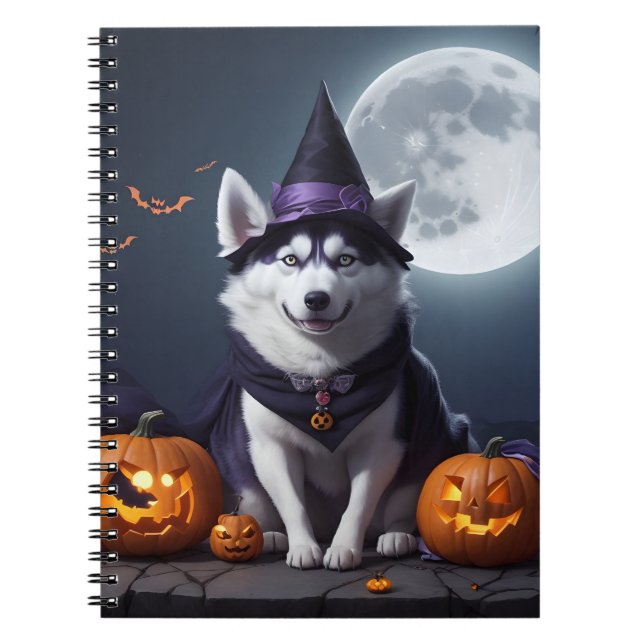 Carnet Husky Chien Halloween Aventure Lune Magie Éffrayan (Devant)