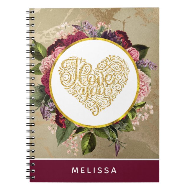 Carnet I Love You Fancy Golden Heart with Floral Frame (Devant)