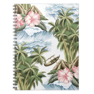 Carnet Ile vintage hawaïenne, palmier, bateau, rose