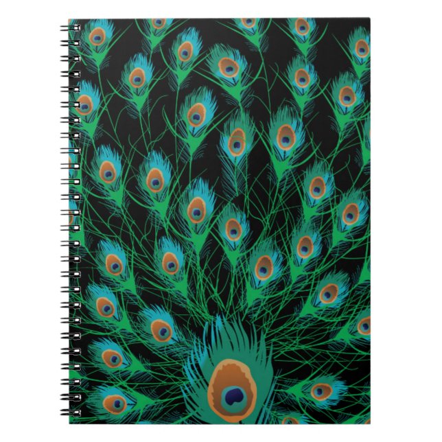 Carnet Illustration avec des plumes de paon sur le noir (Devant)