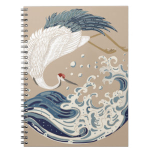 Carnet Illustration de grue et vague japonaise. Tradition