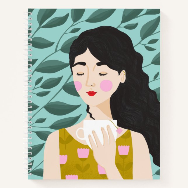 Carnet Illustration de thé pour femme rose, jaune, vert (Devant)