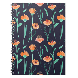 Carnet Imaginaire Orange Fleurs : Aquarelle Motif foncé.