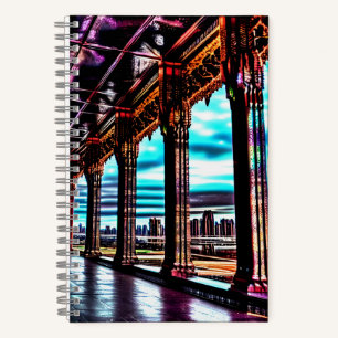 Carnet Imaginaire rose rouge bleu ciel ville pont