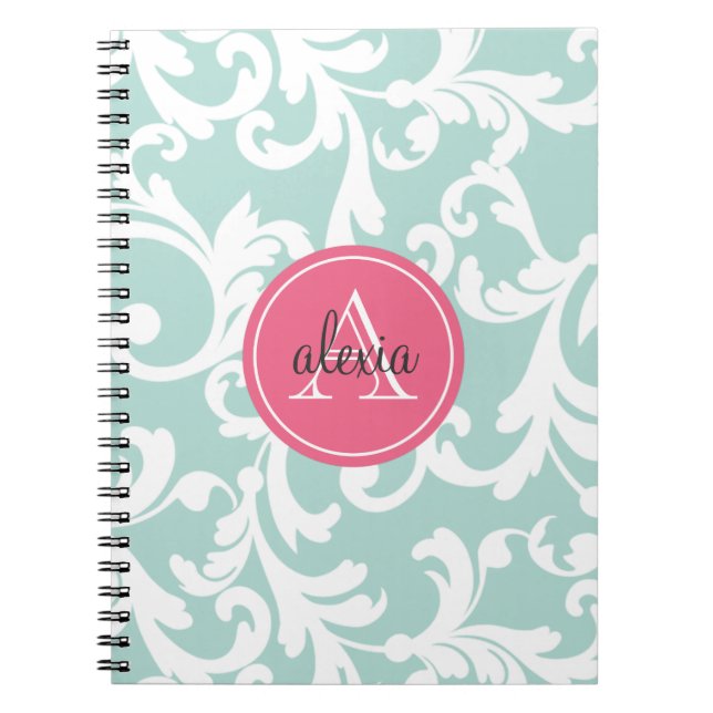 Carnet Imprimer la menthe et le Damas monogramme rose (Devant)