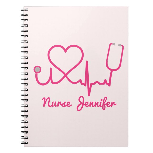 Carnet Infirmière personnalisée rose Nom Stethoscope Coeu (Devant)