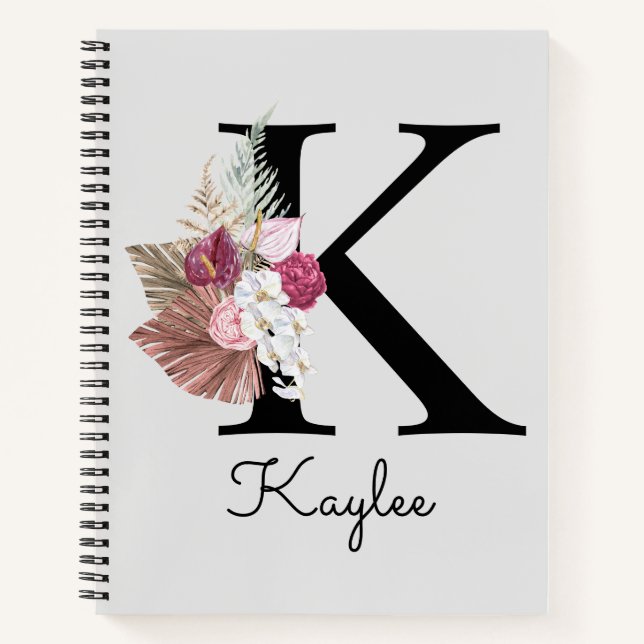 Carnet Initiale K brodée rose floral bohème (Devant)