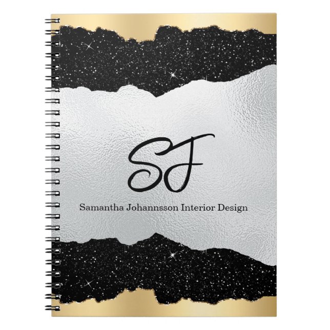 Carnet Initiales Monogrammes sur argent noir et or luxueu (Devant)
