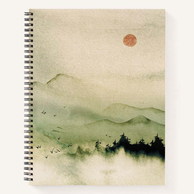 Carnet Japonais aquarelle paysage rouge soleil oiseaux br (Devant)