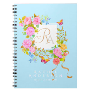 Carnet Jardin fleuri romantique monogramme bleu 