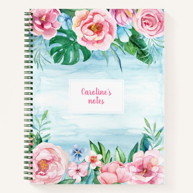 Carnet Jardin tropical Cute Rose bleu floral Aquarelle (Devant)