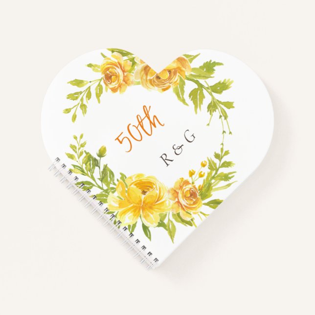 Carnet Jaune Élégante Fleur Wreath Monogramme Mariage 50e (Devant)