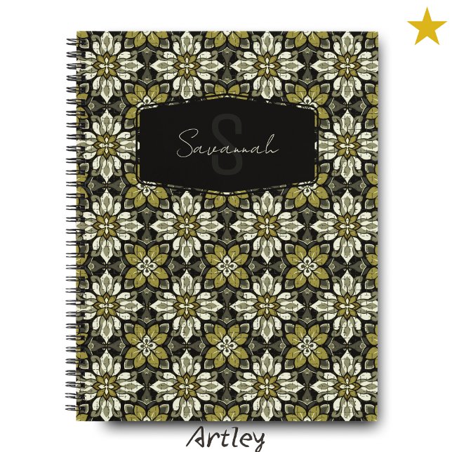 Carnet Jaune Gris Floral Espagnol Nom Carrelage Monogramm (Créateur téléchargé)