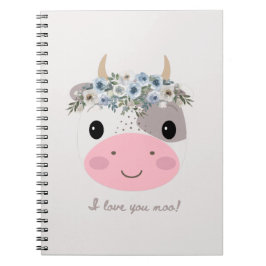 Carnet Je t'aime moo ! Vache mignonne avec couronne de fl