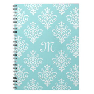 Carnet Joli Aqua bleu et blanc Damas avec Monogramme