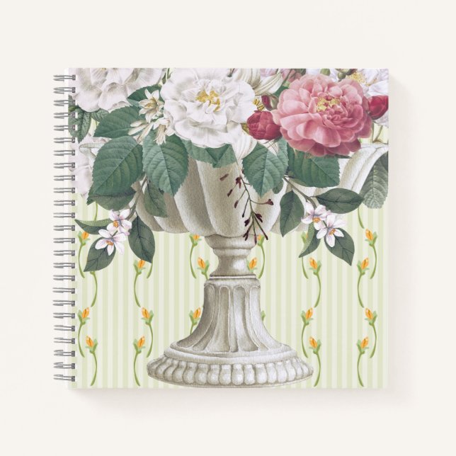 Carnet Joli beau pot de fleurs rétro vert rayure rose (Devant)