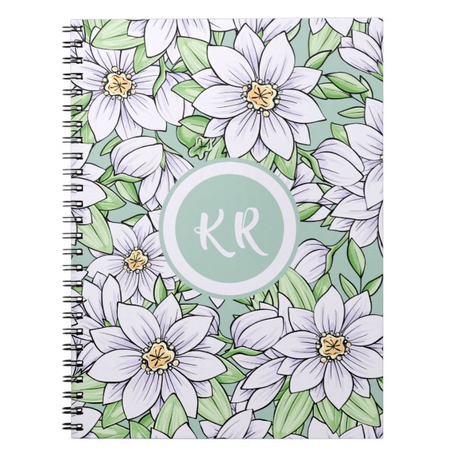 Carnet Joli Blanc Vert Fleurs Florales Feuille Monogramme (Devant)