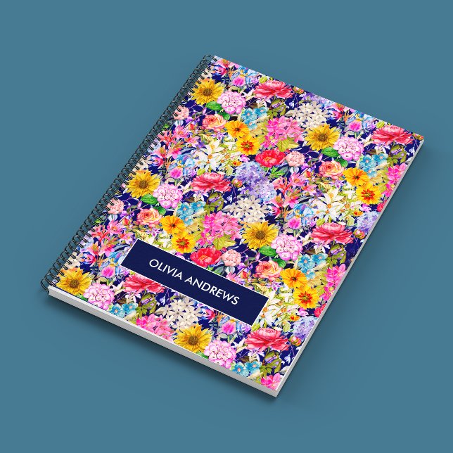 Carnet Joli bleu jaune élégant motif floral monogramme (Créateur téléchargé)
