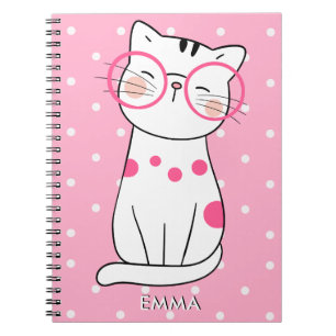 Carnet Joli chat blanc avec lunettes & motif à pois