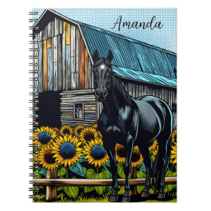 Carnet Joli Cheval noir et tournesols Personnalisé