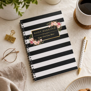 Carnet Joli emballage floral féminin or et rayures noir e