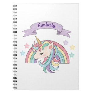 Carnet Joli licorne pastel et arc-en-ciel scintillant nom