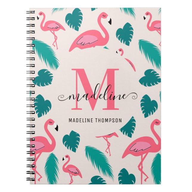 Carnet Joli monogramme feuilles tropicales flamant rose c (Devant)